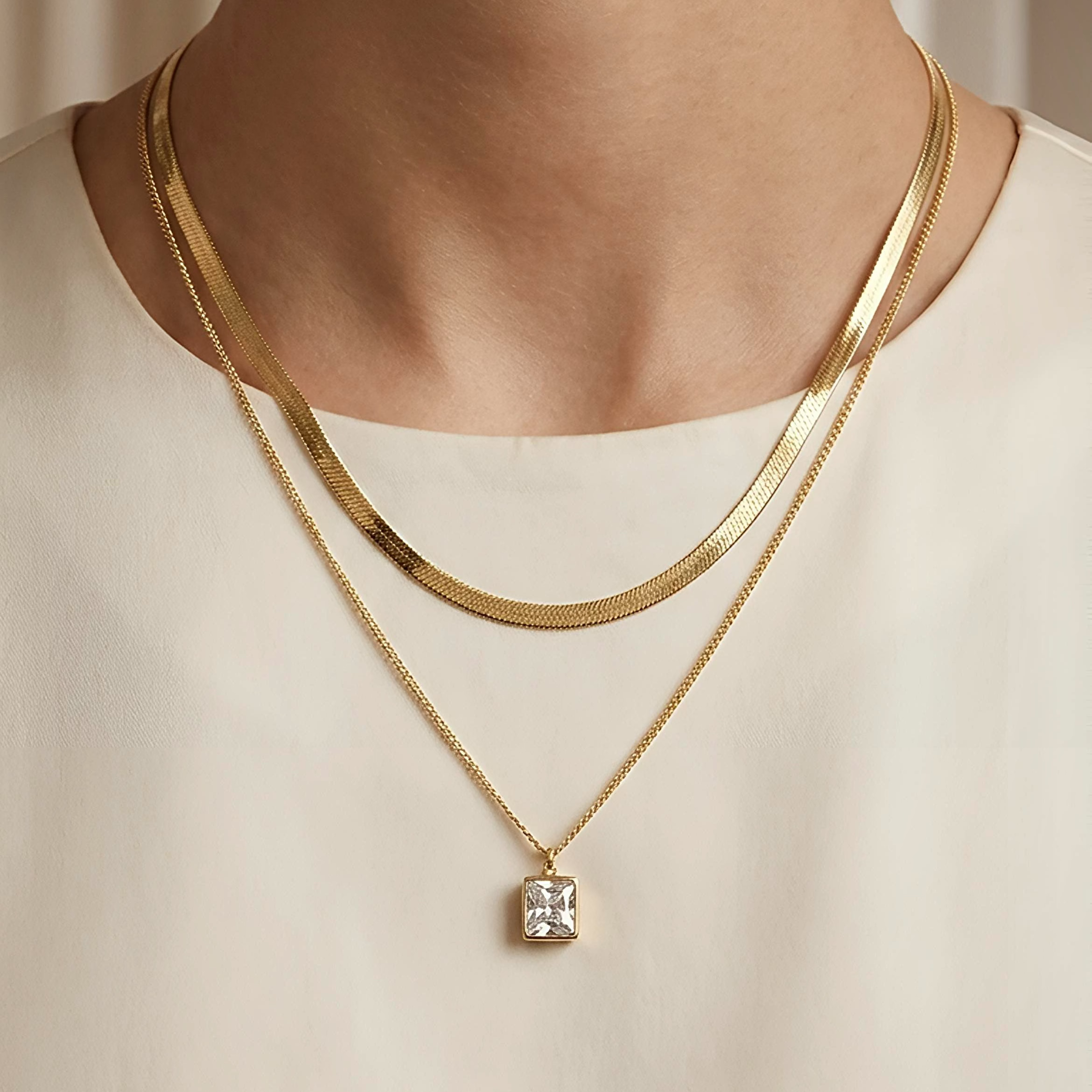 Square Tone Layered Necklace