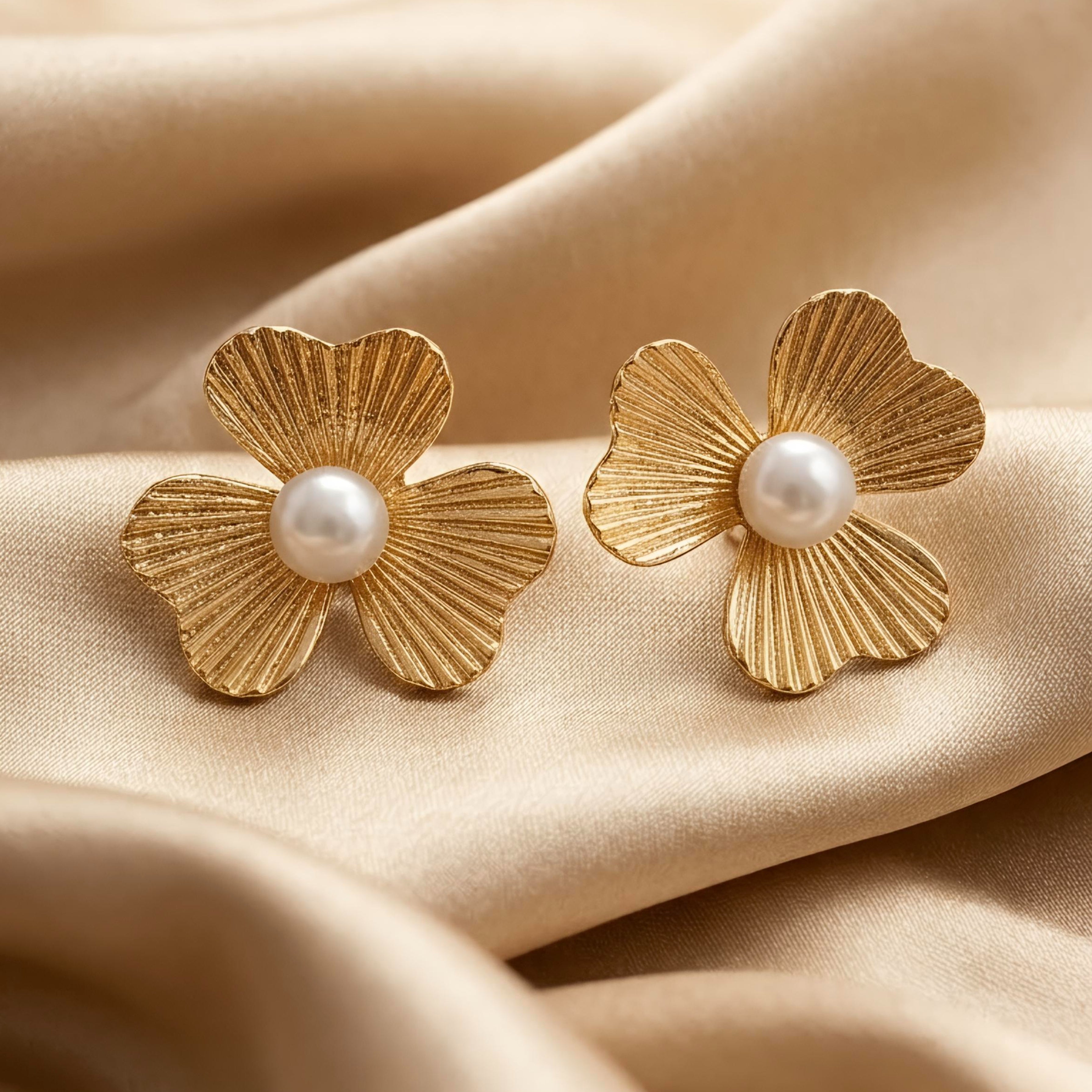 Golden Petal Pearl Flower Stud Earrings