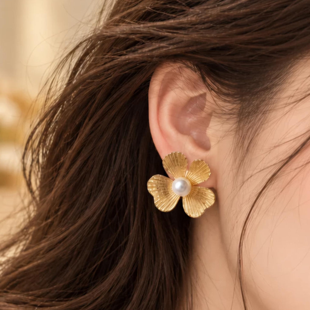 Golden Petal Pearl Flower Stud Earrings
