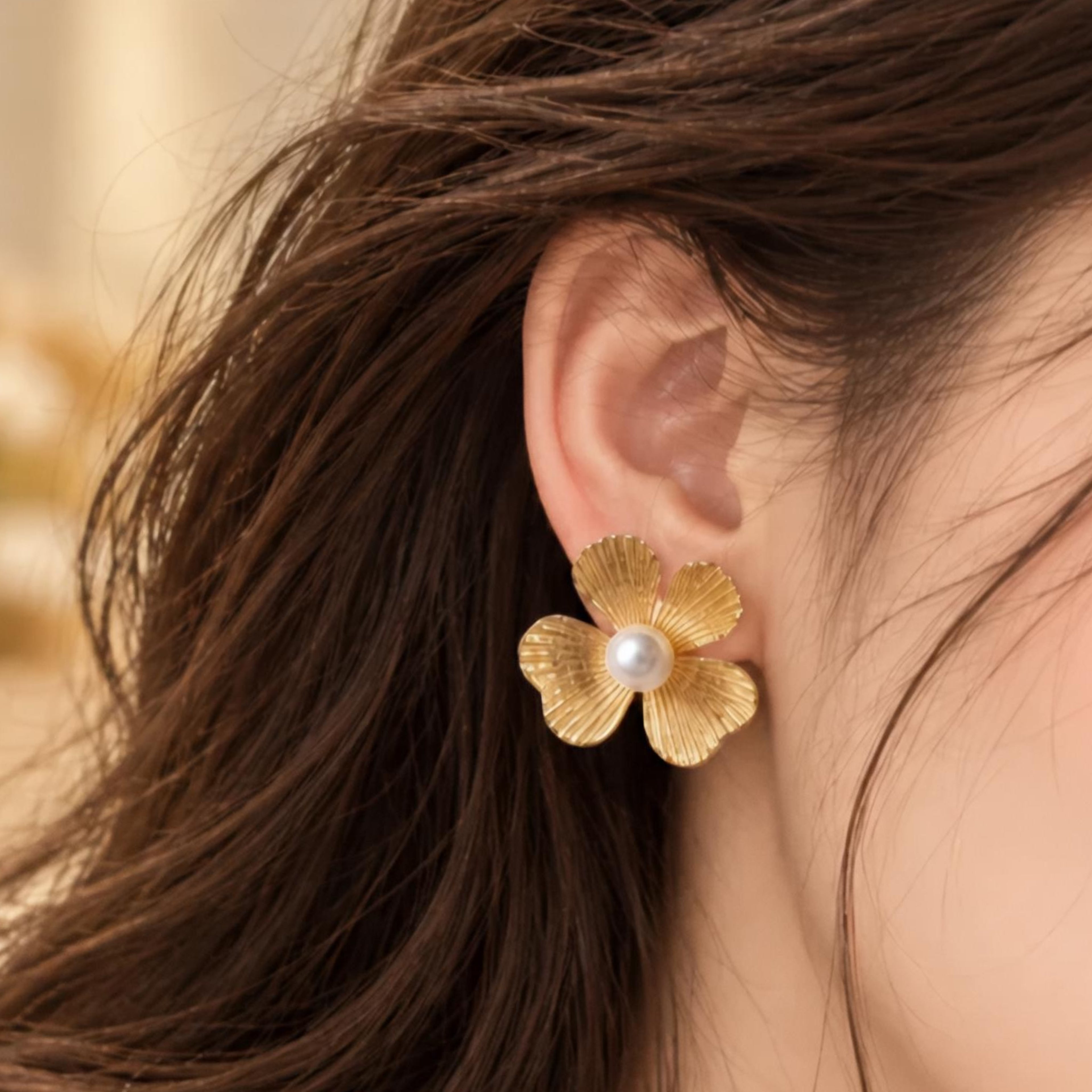 Golden Petal Pearl Flower Stud Earrings