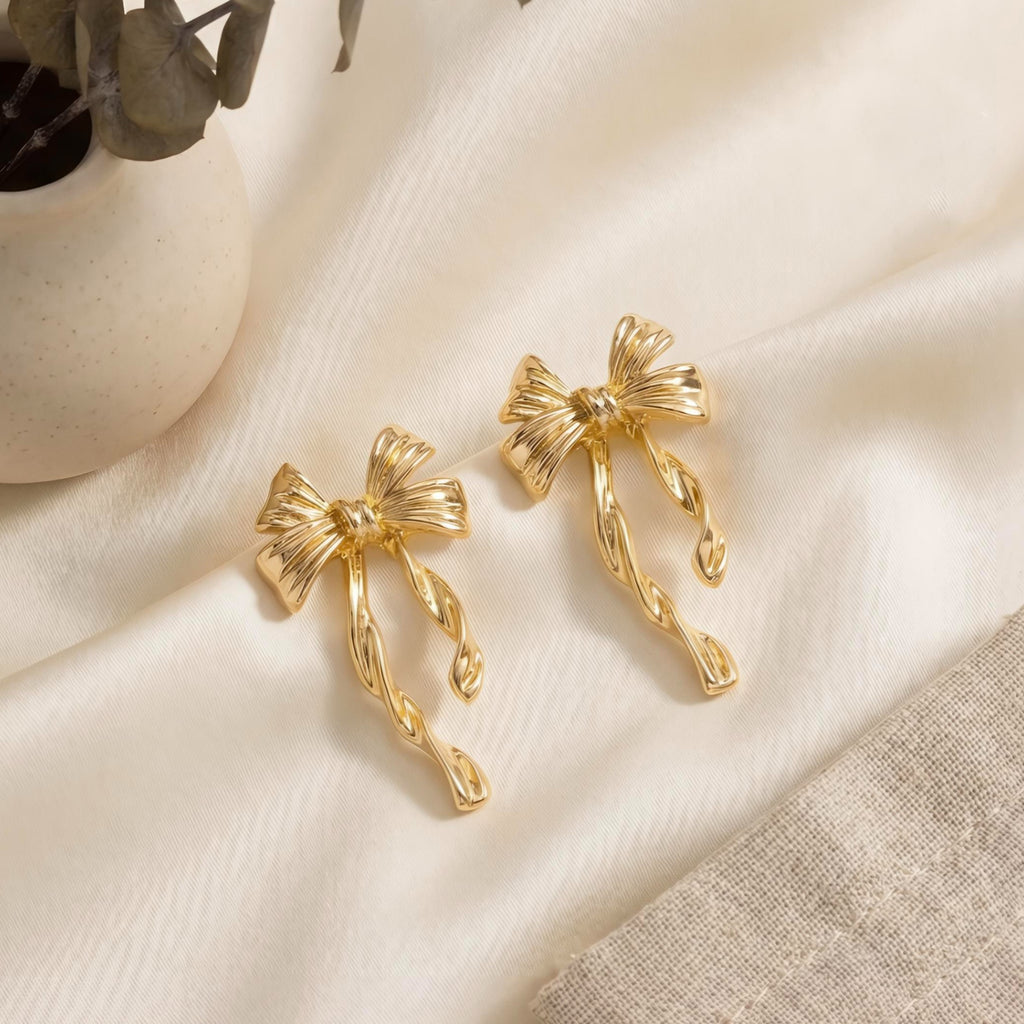 Golden Twisted Bow Drop Earrings