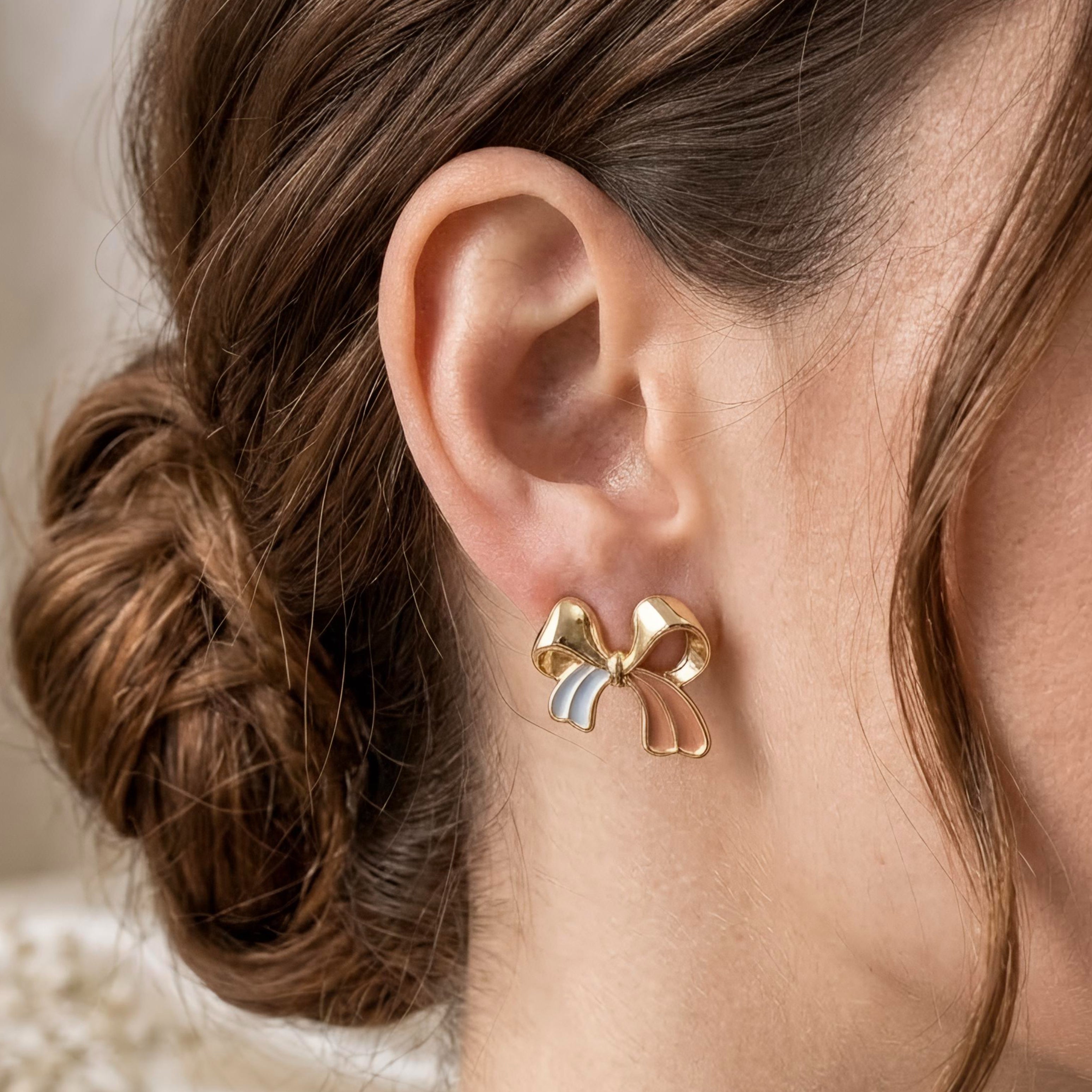 Charming Tri-Tone Bow Knot Stud Earrings
