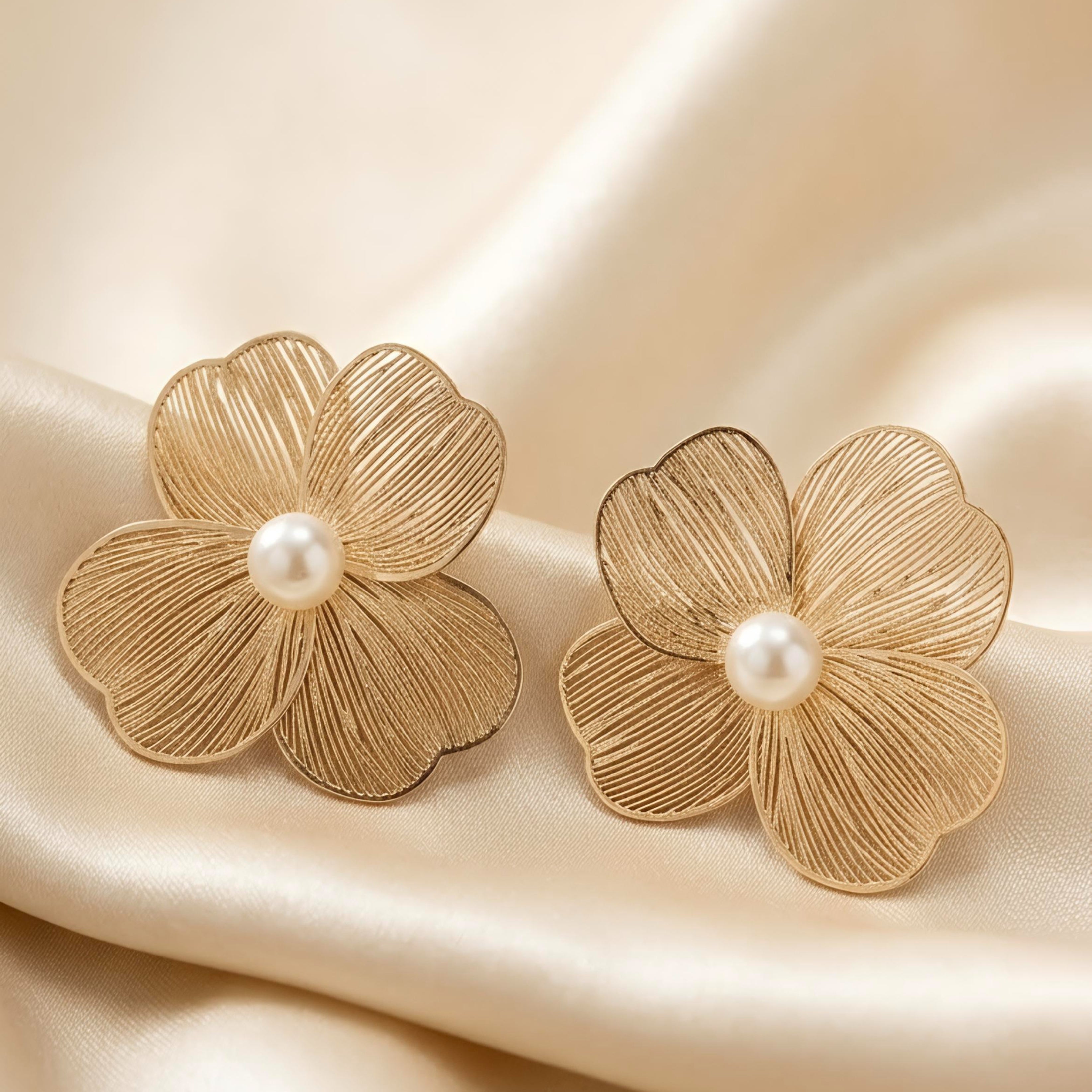 Pearl Center Gold Floral Stud Earrings