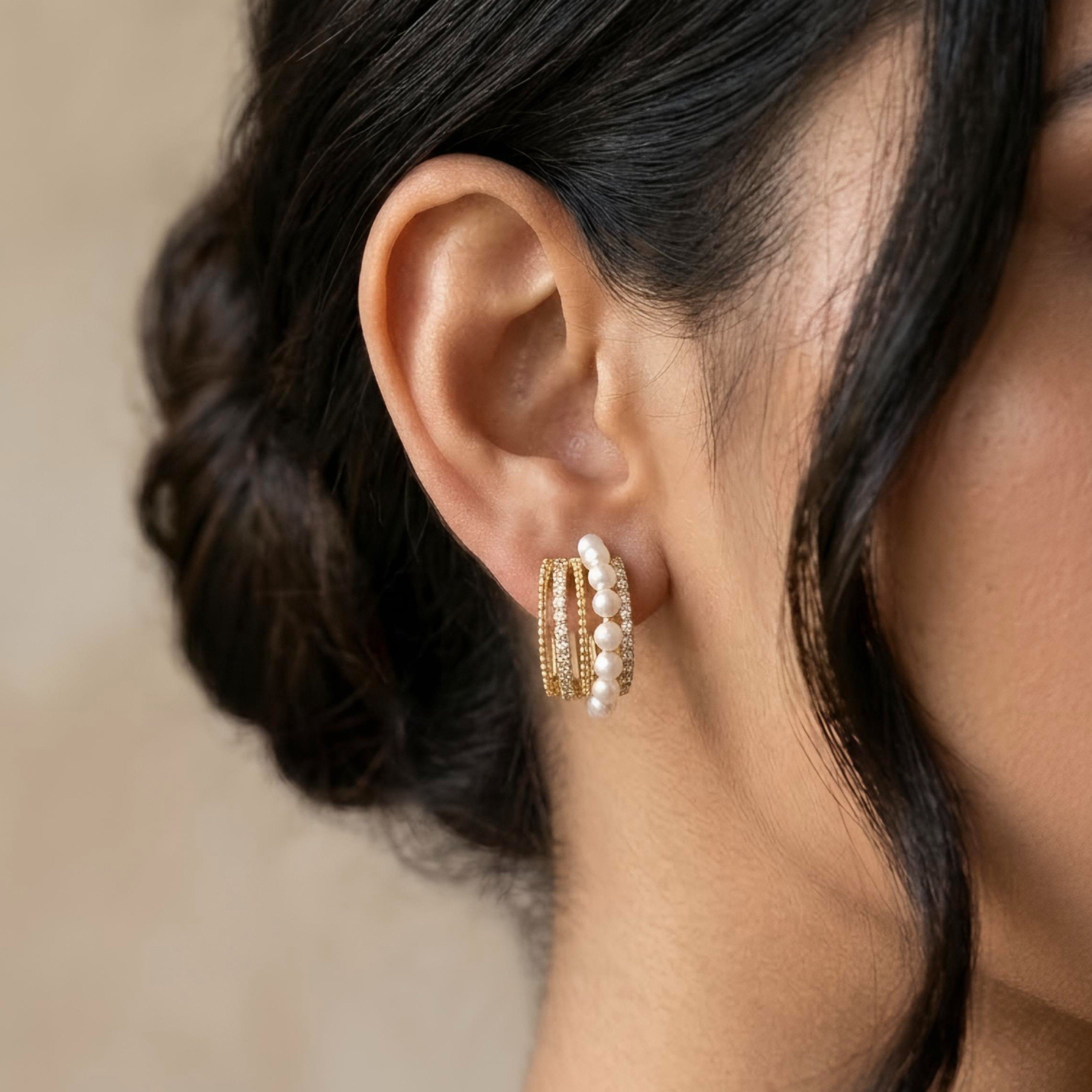 Golden Pearl Crystal Layered Hoop Earrings