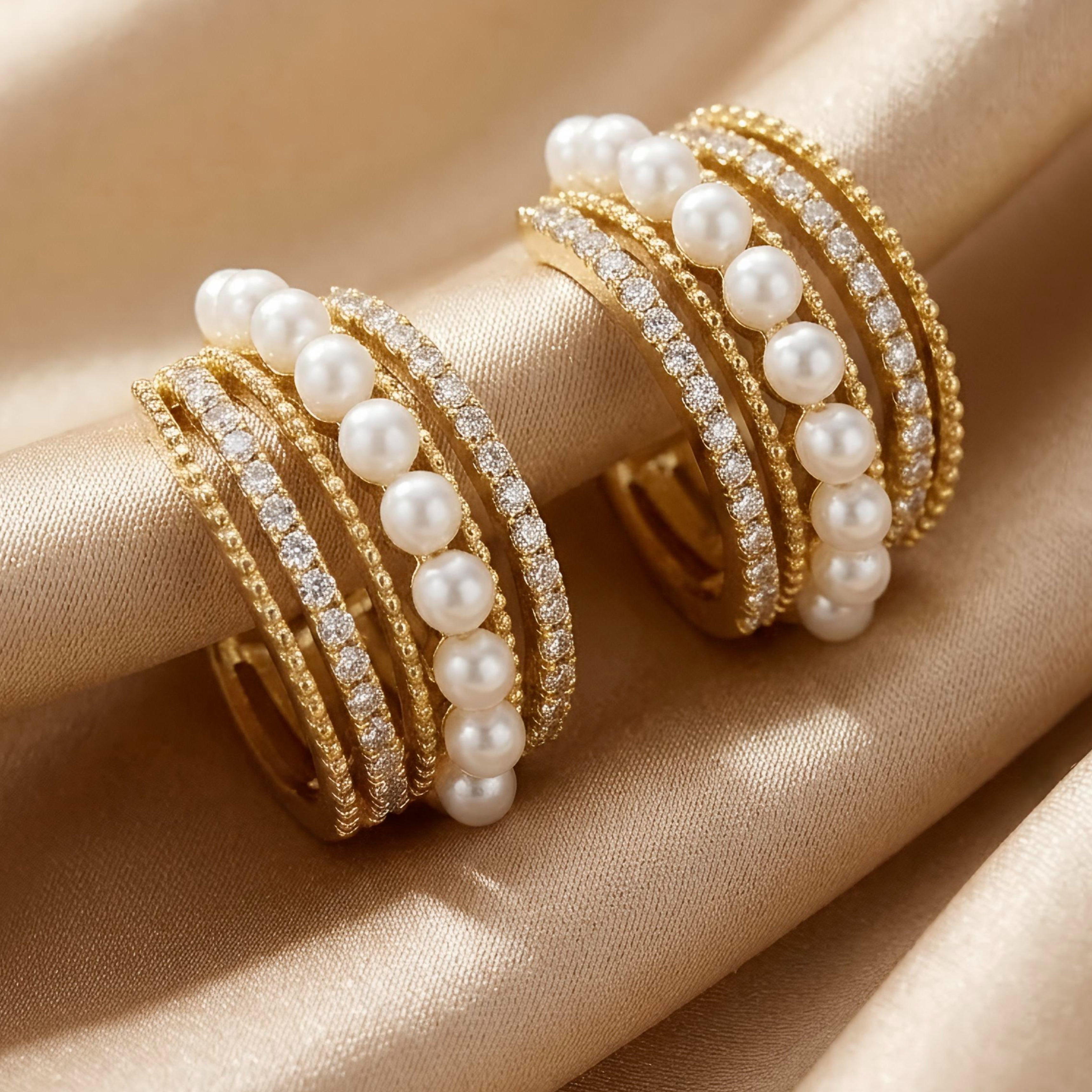 Golden Pearl Crystal Layered Hoop Earrings